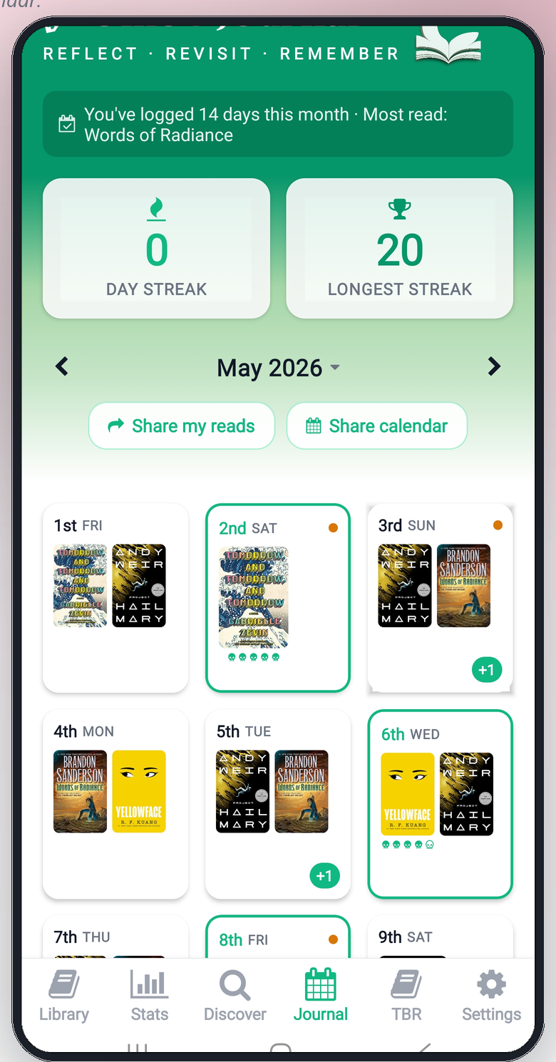 epilogue reading journal calendar